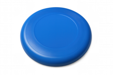 Blue plastic flying disc for outdoor sport and leisure activities, playing games, transparent background