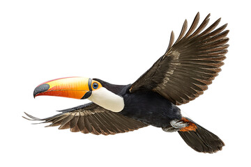 Isolated toucan with wings spread showing flight in exotic wildlife of rainforest in vibrant detail bringing a touch of the tropics to your designs with impressive plumage