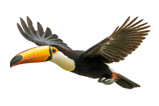 Spectacular toucan flies with wings outstretched featuring its iconic colorful beak and feathers offering a vibrant glimpse of exotic wildlife in flight highlighting rainforest