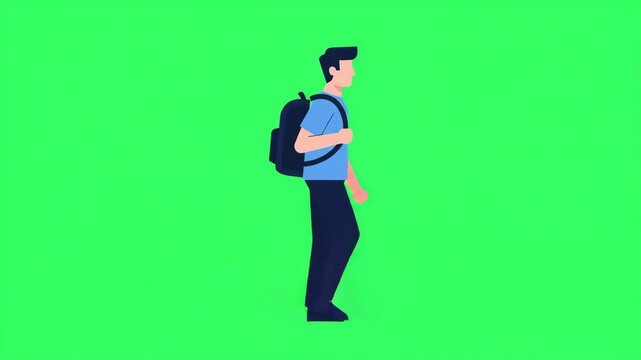 Side view of a 2D animated cartoon young man or student with a backpack performing a walking cycle on a green screen background