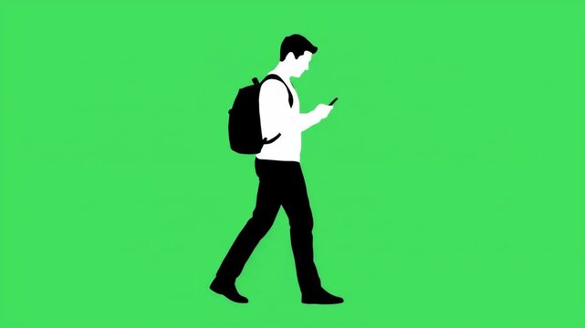 Silhouette of a young man walking with a backpack while looking at his smartphone, isolated on a green screen background for chroma key