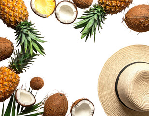 Overhead shot of summer tropical fruits and a hat framing a black space