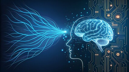 A stylized human head silhouette formed by glowing blue particles, with a stream of data flowing into it, symbolizing artificial intelligence and neural networks
