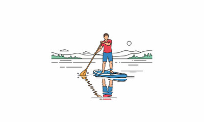 Fototapeta premium Line Art Illustration of a Man Paddleboarding on Calm Water with Reflection.