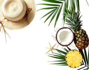 Overhead shot of tropical summer elements hat, fruit, leaves, and a starfish on a black background