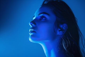 Fototapeta premium Hopeful woman looking up with blue light on face, showing serenity, faith, and belief in future