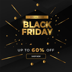 Luxurious Black Friday Sale Banner with Gold Typography on a Black Background. Features a Special Offer for Up to 60% Off