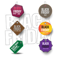 Collection of multi-shaped Black Friday sale tags. Includes pentagon, square, circle, octagon, and rectangle shapes with promotional text.