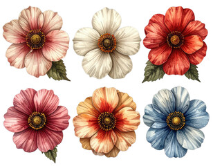 Watercolor style floral illustration featuring six different colorful flower blossoms with detailed petals and green leaves