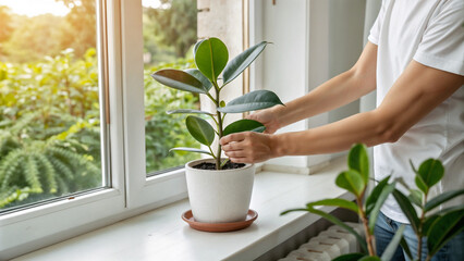 Bright indoor concept showcasing person rotating small pot with green plant near window. Bright indoor concept displays hands carefully turning potted ficus elastica for balanced light exposure.
