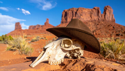 Cow skull with cowboy hat lying in the desert against red rock formations, symbolizing the wild west and rugged western landscape.