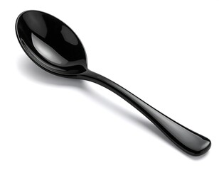 Glossy, black, plastic spoon on a white background, diagonal angle
