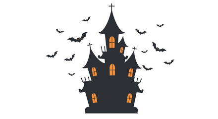 Spooky halloween haunted castle silhouette with flying bats dark and mysterious gothic architecture illuminated windows eerie atmosphere festive decoration isolated on white background