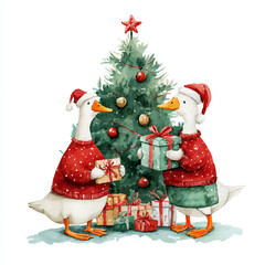 Two watercolor geese wearing red sweaters and hats, standing with gifts near a Christmas tree, hand-painted festive illustration on white background. Perfect for holiday cards, winter decor