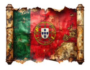 Portuguese flag presented as a parchment scroll with aged textures and slight European map