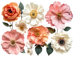 A collection of colorful paper flowers, meticulously crafted with realistic textures and vibrant shades