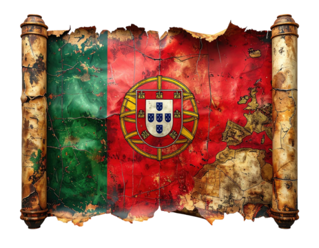 Portuguese flag presented as a parchment scroll with aged textures and slight European map