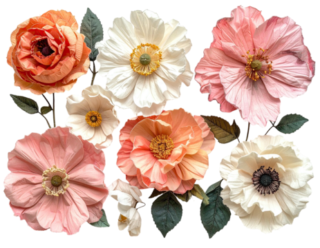 A collection of colorful paper flowers, meticulously crafted with realistic textures and vibrant shades