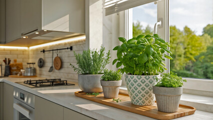 Modern kitchen setup featuring potted herbs and basil on counter near window, creating an inviting scene. Modern kitchen setup features rosemary, parsley, and basil adds freshness to interior decor.