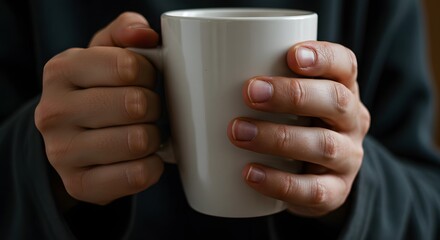 Warmth in Hand CloseUp of Hands Holding a White Mug.