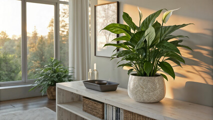 Indoor plant care features a potted peace lily with shiny leaves in zen corner, near window. Indoor plant care setup includes serene indoor zen corner, with sunlight streaming through open window.