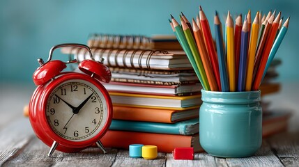 Obraz premium A vibrant flat lay photograph of a minimalist desk setup, featuring a metal pencil holder overflowing with colorful pencils Back-to-School Essentials Minimalist Study Space