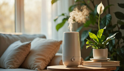 Indoor plant care setup featuring a humidifier near indoor plants provides essential moisture, showcasing a humidifier for humidity control.