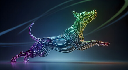 Fototapeta premium Futuristic Glowing Digital Dog Made of Neon Circuits Leaping Through a Cybernetic Space