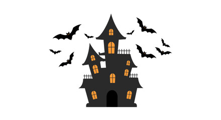 Spooky haunted mansion silhouette with flying bats creates a thrilling halloween atmosphere ideal for decorations and party invites isolated on white background