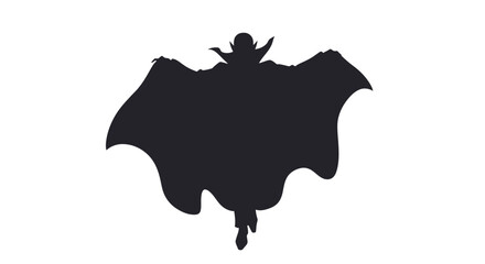 Dark superhero silhouette ascending with flowing cape symbolizing power courage and freedom against a plain backdrop isolated on white background