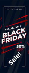 Limited time Black Friday sale banner with 50% off offer on a dark blue diagonal stripe background. Features bold white typography with red highlights and splash effects.