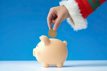 person in christmas clothing put coin in piggy bank. Holiday savings