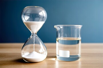 lab beaker next to hourglass. Chemical reaction countdown