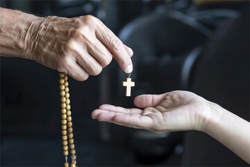 old hand give rosary bead to child hand. Passing faith tradition