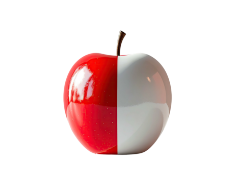 A glossy, symmetrical apple divided into two distinct halves red and white, isolated on black