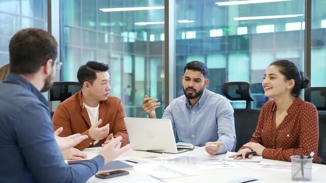 Group of business people talking at meeting in office. Brainstorming briefing co-workers colleagues communicate at conference. Corporate team discussing, engaging in decision, collaboration, teamwork