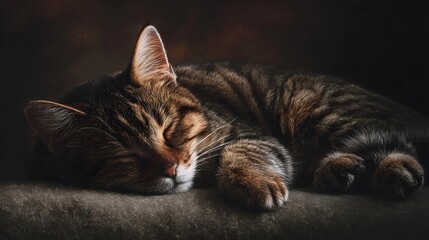 A detailed close up portrait of a tabby cat sleeping peacefully on a textured surface bathed in warm soft light
