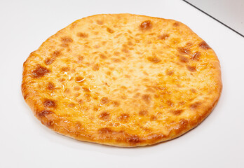 Delicious Cheesy Georgian Khachapuri With Golden Crust And Melted Cheese On White Background, Fresh Baked