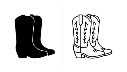 Cowboy boots outline and solid with transparent background