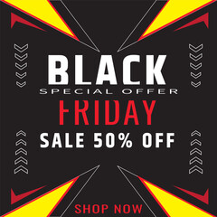Modern Black Friday Special Offer Advertisement Featuring Bold White and Red Typography, Yellow Triangular Graphics, and Dynamic Chevrons on a Black Background for Seasonal Promotion
