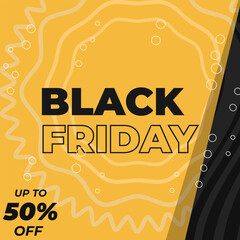 Vibrant Black Friday Sale Banner Featuring Bold Black Typography on Yellow Background with White Squiggly Lines, 50% Off Message, and Modern Dark Gray Accent for Online Promotions