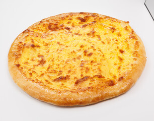 Delicious Cheesy Georgian Khachapuri With Golden Crust And Melted Cheese On White Background, Fresh Baked