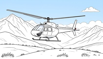 Simple illustration of a helicopter flying above mountains, under a light blue sky