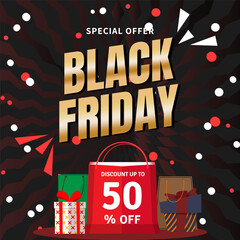 Exciting Black Friday Sale Logo Featuring Up to 50% Off Discount Message, Product Graphics, and Bold Central Typography Promoting Limited Time Shopping Deals and Big Savings for Customers