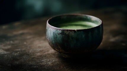 A serene bowl of vibrant green matcha tea artfully prepared and presented on a rustic wooden surface with soft cinematic lighting