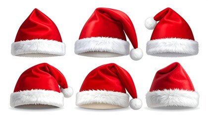 Six realistic red and white festive caps arranged on a white background