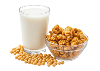 Soybeans, textured protein, and milk on transparent backdrop