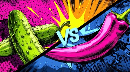 Vibrant graphic of cucumber vs. chili pepper, comic book style
