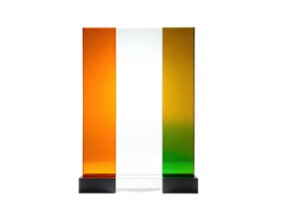 A rectangular object features vertical stripes in orange, white, and green on a black base