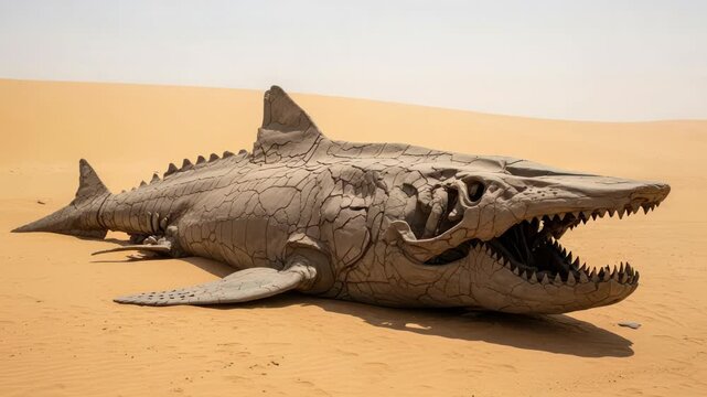 Surreal Shark Skeleton Sculpture in Arid Desert Landscape